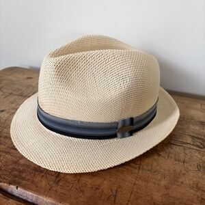 Panama Jack Cream Khaki Fedora Gray Band Adult M good preworn condition